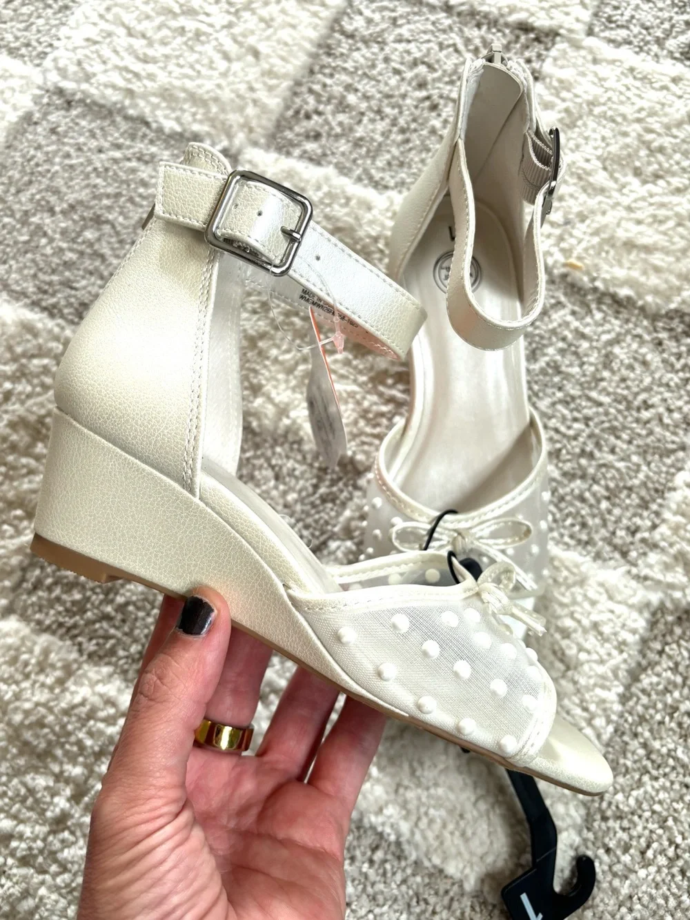 Wonder Nation Girls White Wedge Sandal Polka Dot Mesh Bow Ankle Strap size 1 NWT